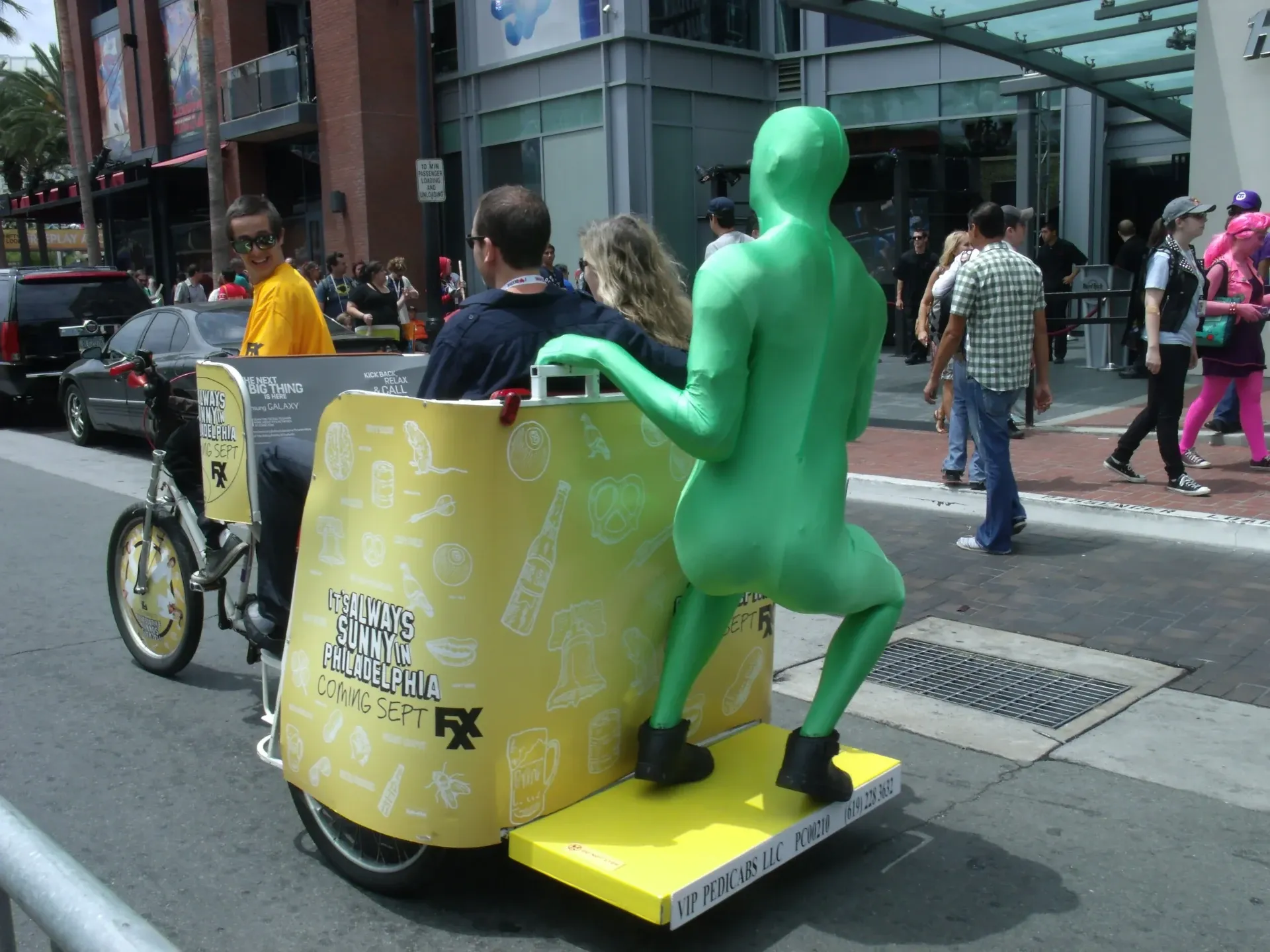 It's Always Sunny in Philadelphia Green Man on branded FX pedicab at Comic-Con