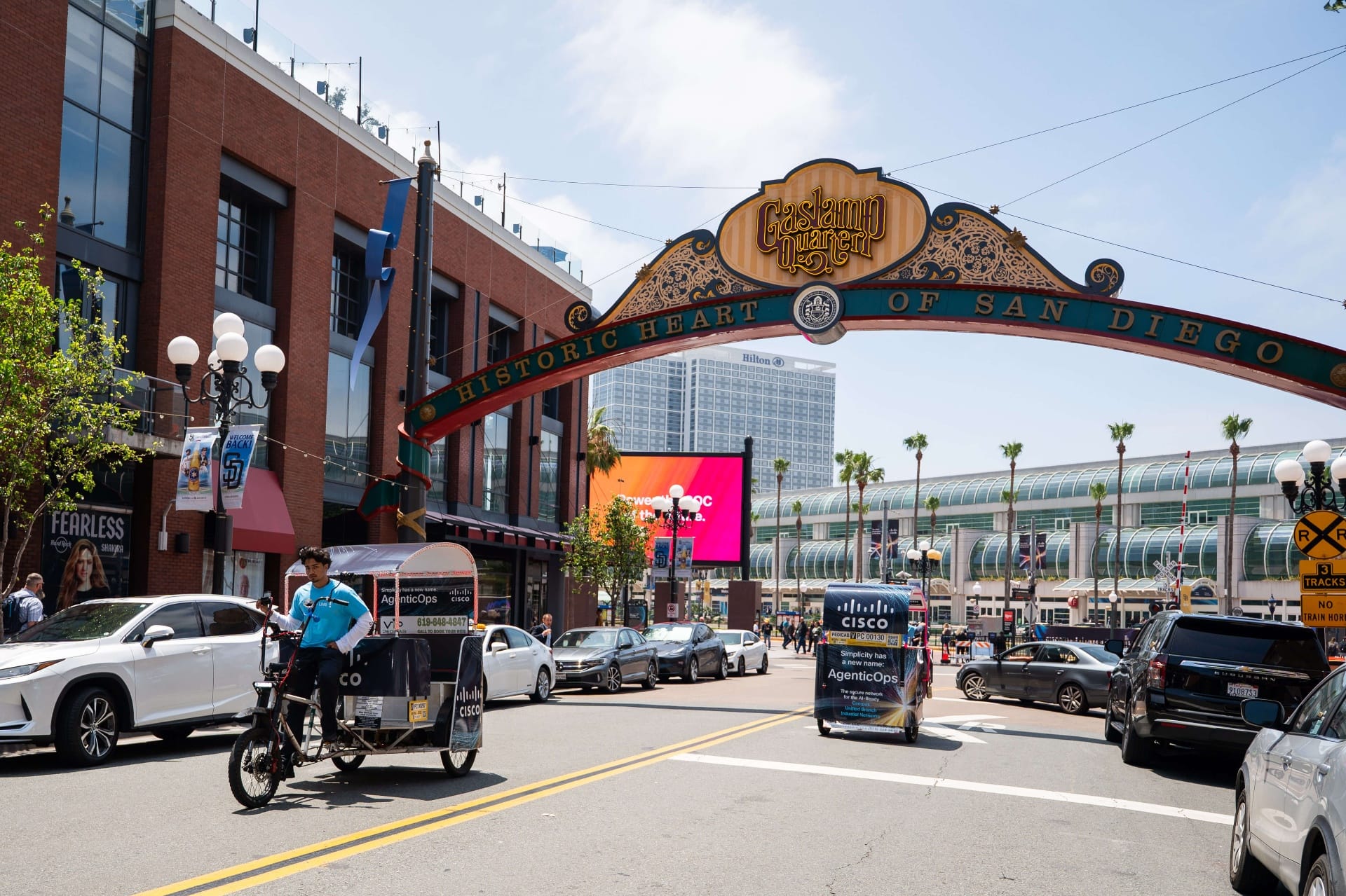 Cisco branded pedicab fleet under Gaslamp Quarter archway