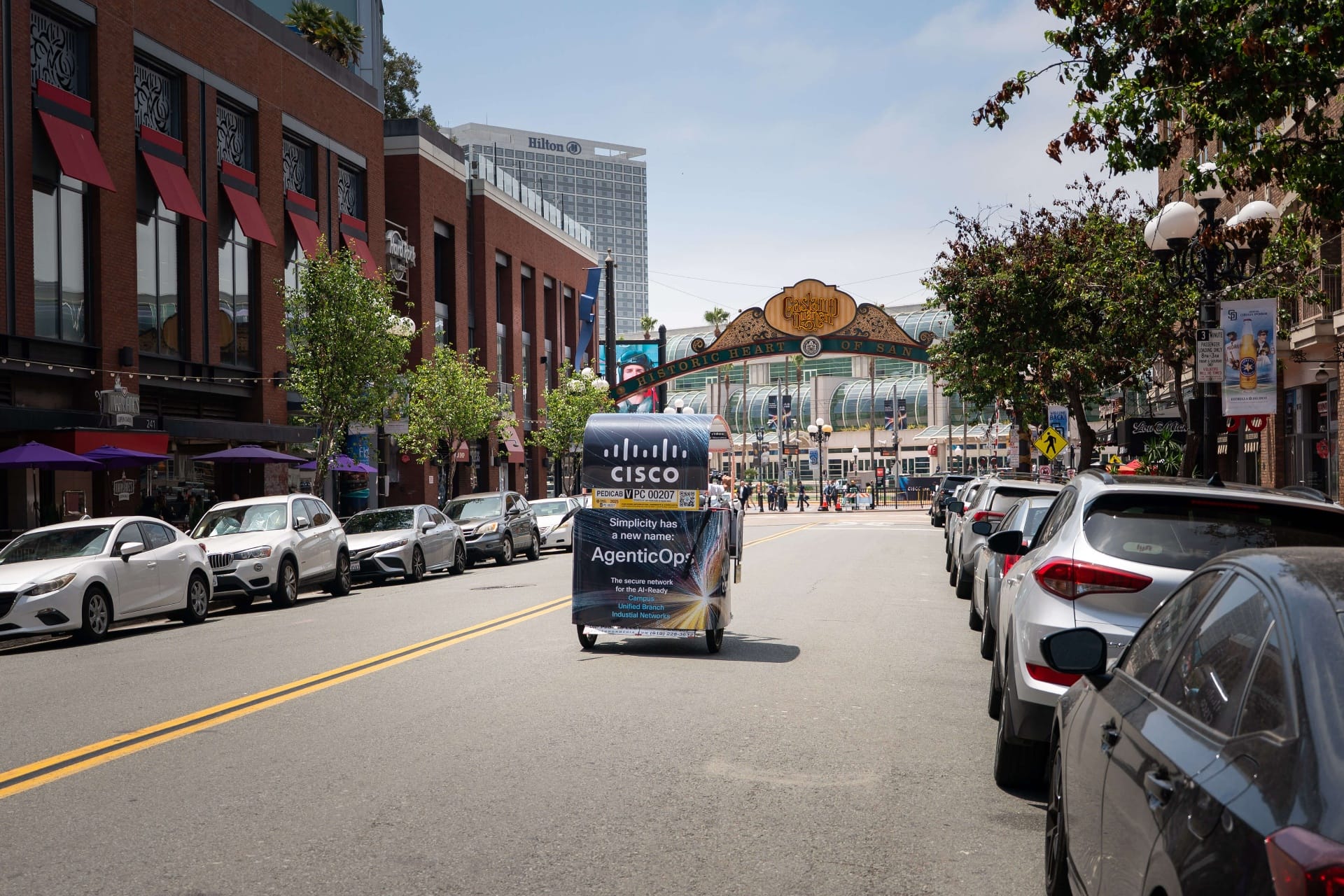 Branded pedicab advertising for Rock 'n' Roll Marathon at San Diego Convention Center