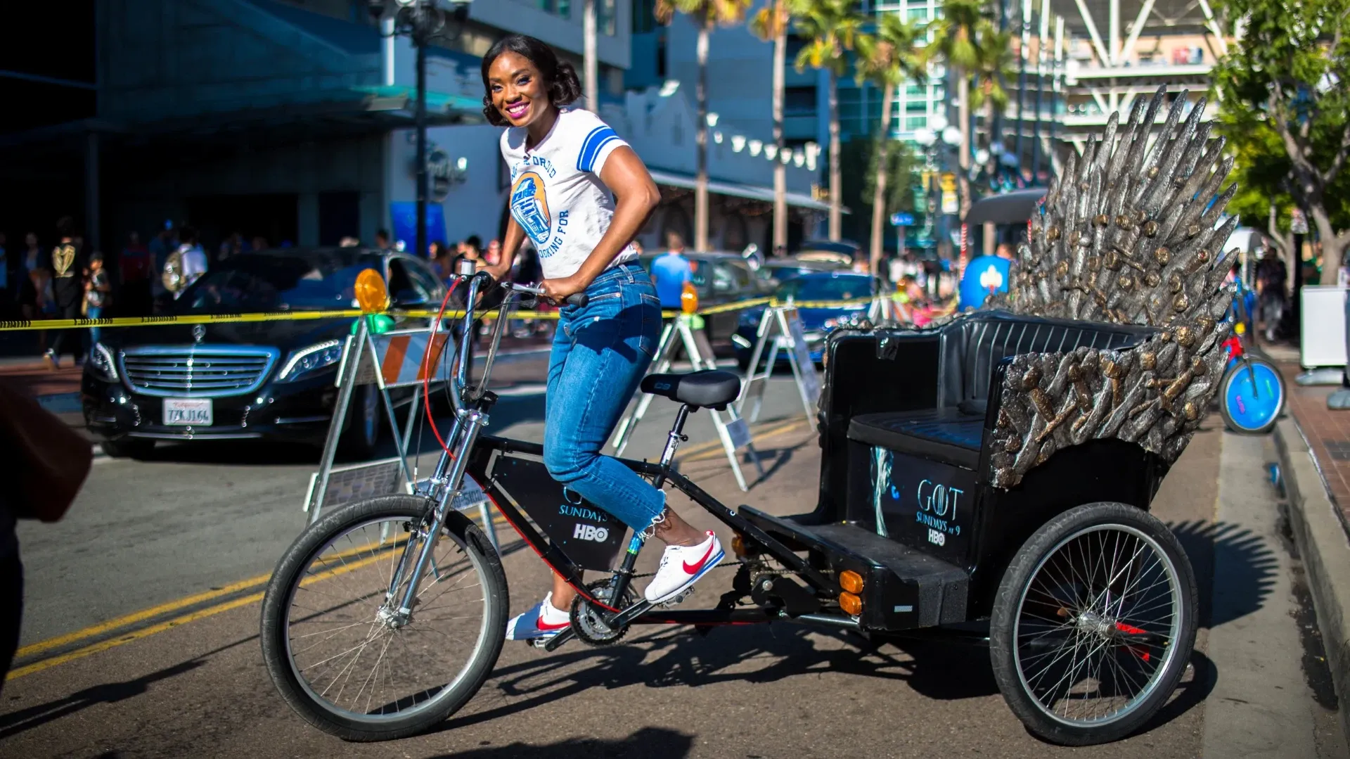 Game of Thrones Iron Throne pedicab driver in downtown San Diego Comic-Con