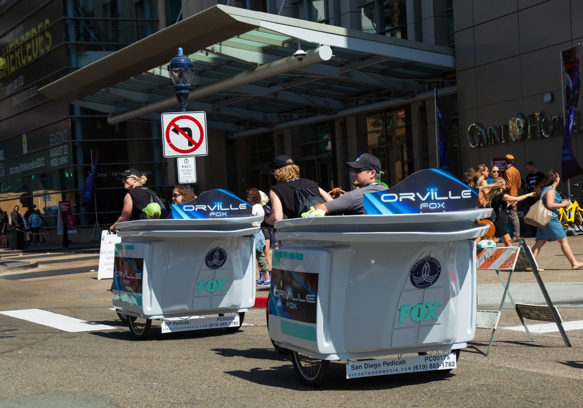 Fox The Orville pedicab fleet with passengers at the Omni hotel Comic-Con